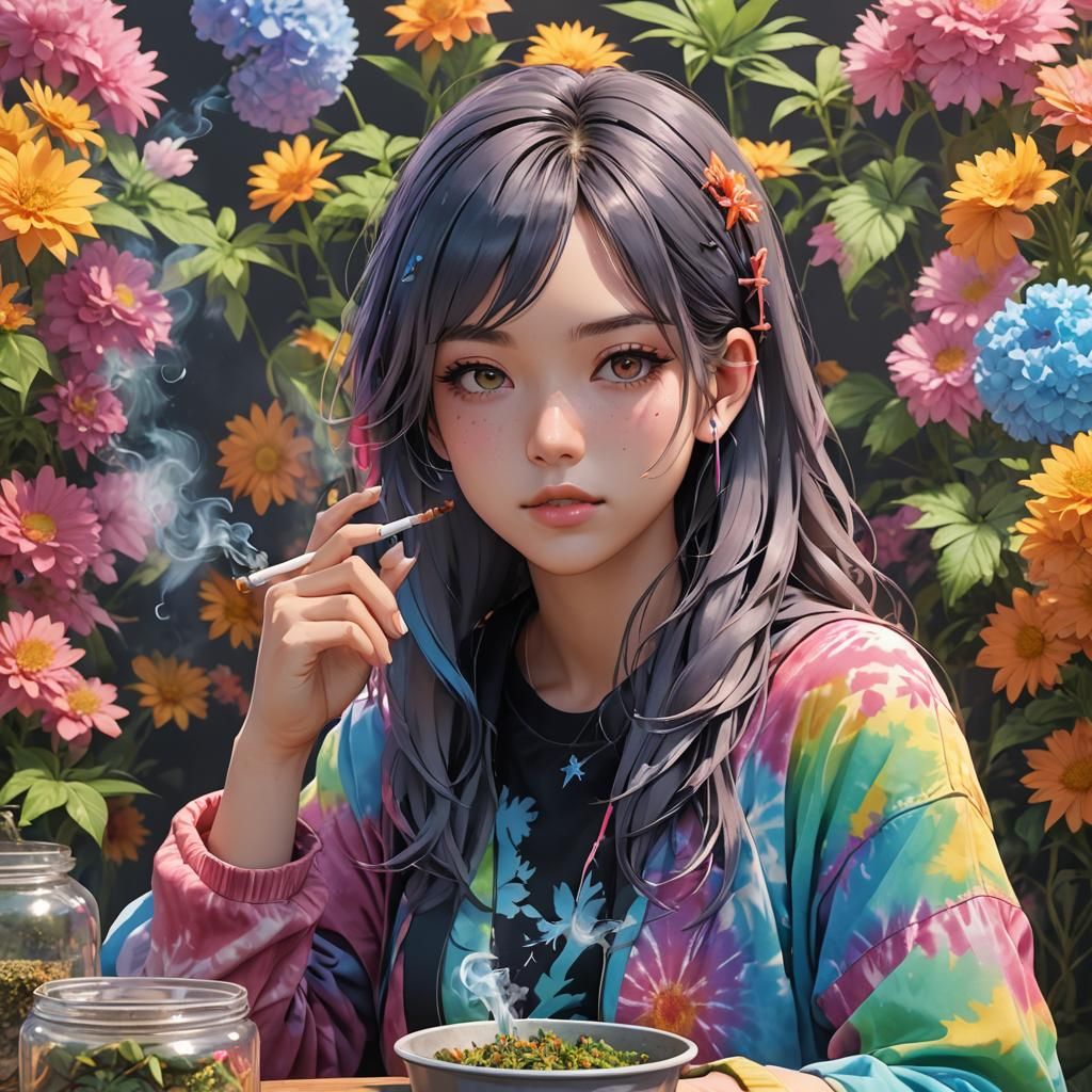 Anime Girl Smoking Pot in 3D Aesthetic