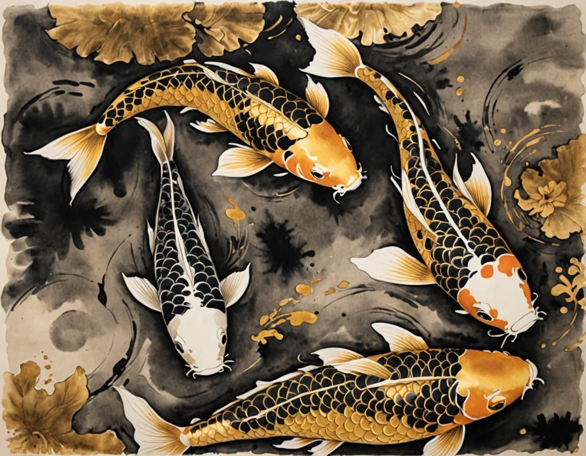 Elegant Koi in Black and Gold Ink Painting