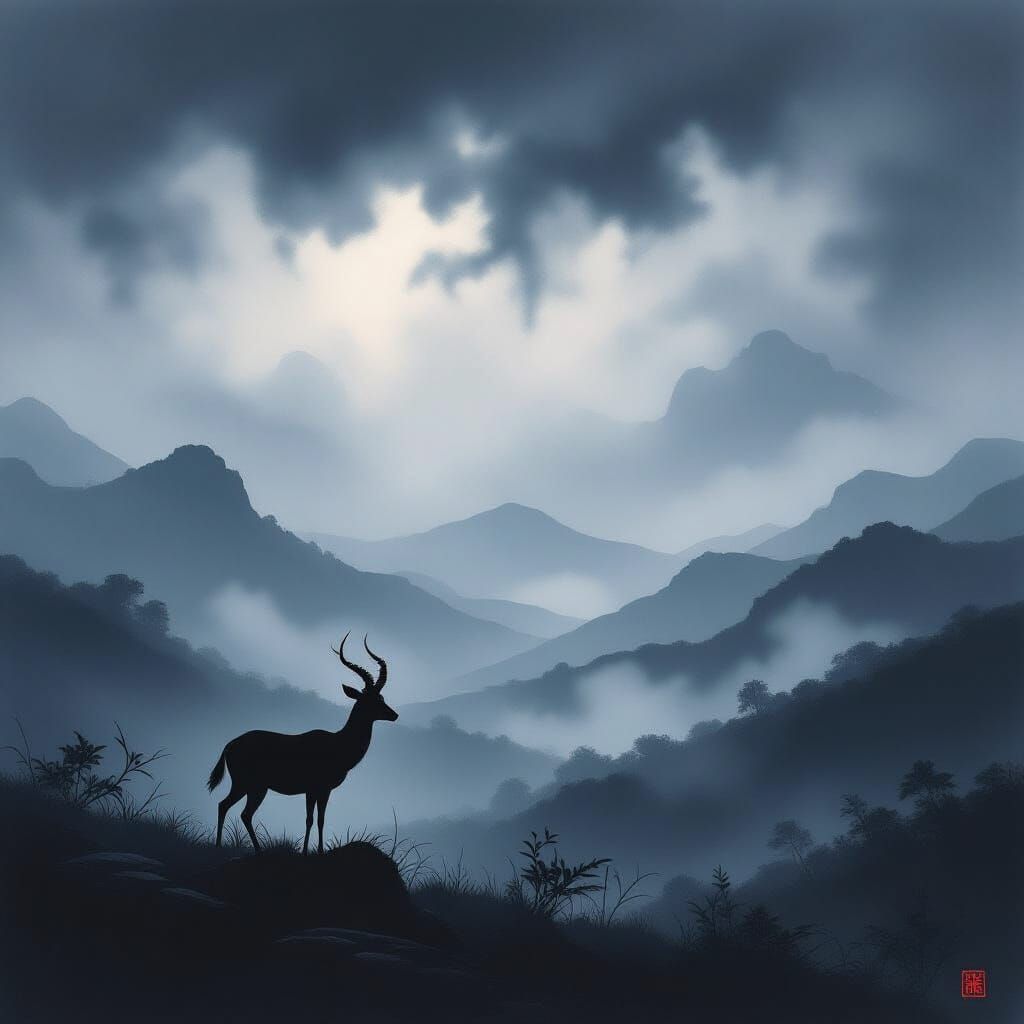 Lone Gazelle Silhouette Against Stormy Sky