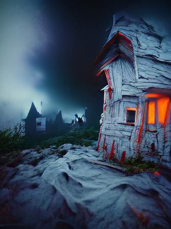 Surreal Haunted Mansion on Hill in Flickering Light