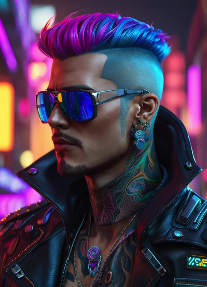 Cyberpunk Man with Tattoos in Neon City