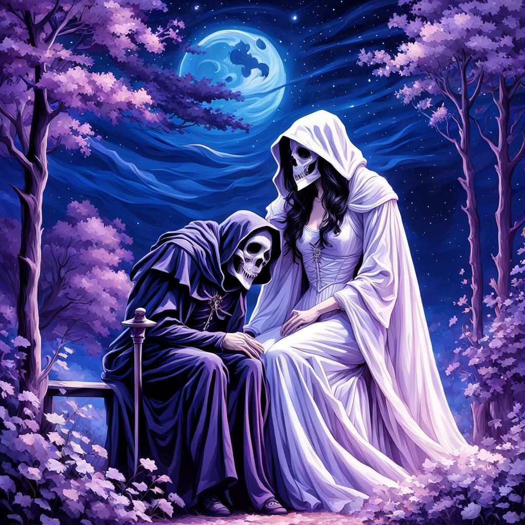 Romantic Grim Reaper Kiss Under Starry Sky