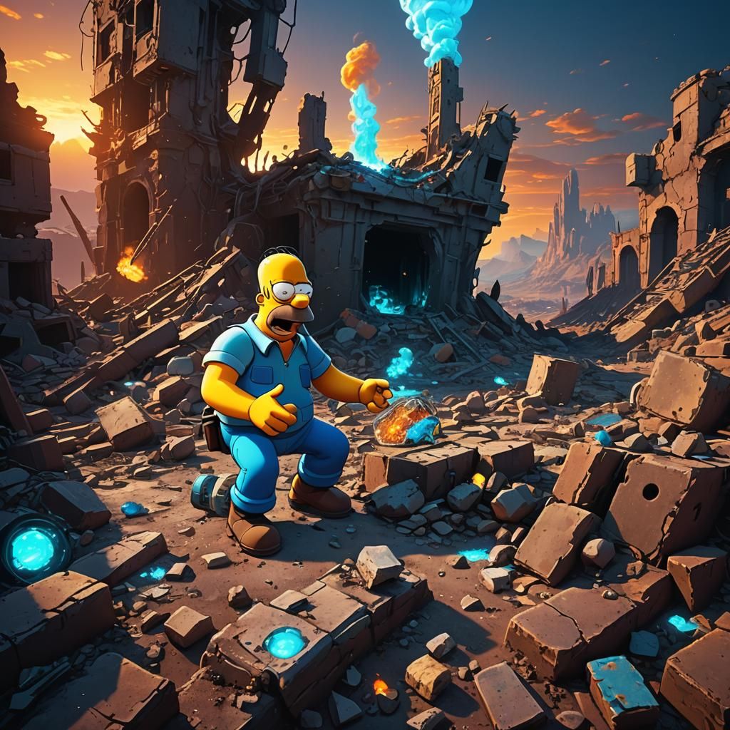 Cell Absorbing Homer on Ruined Earth: Sci-Fi Concept Art