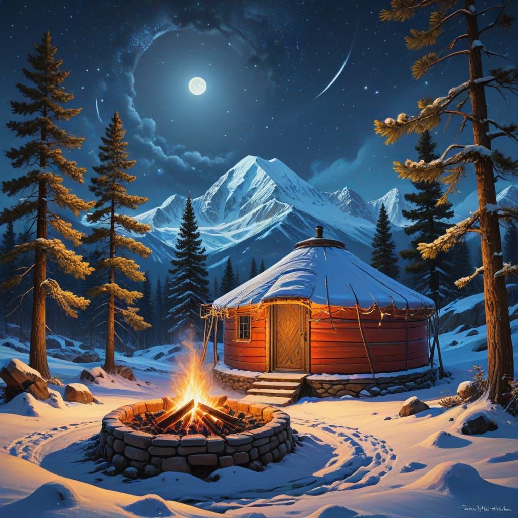 Medieval-Style Winter Yurt Scene with Campfire and Majestic ...
