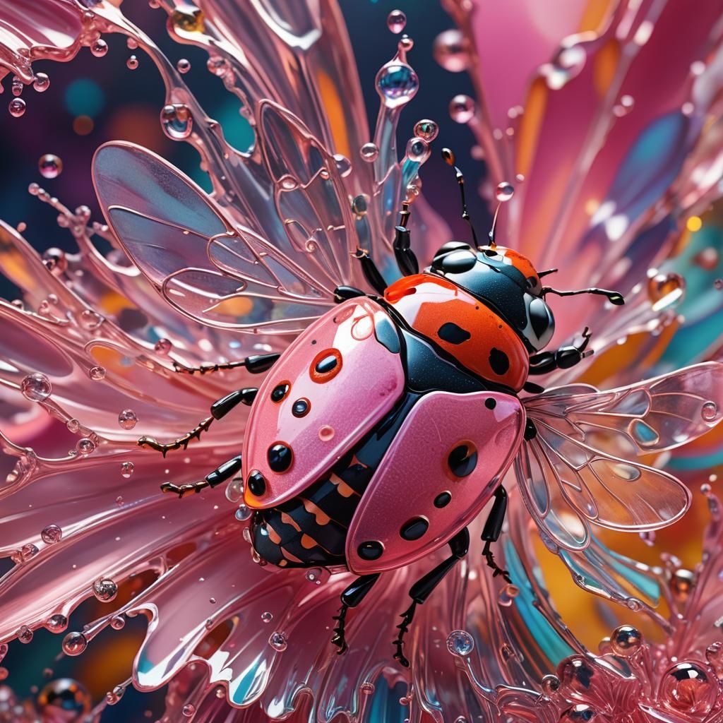 Intricately Detailed Pink Glass Ladybug Splash Art