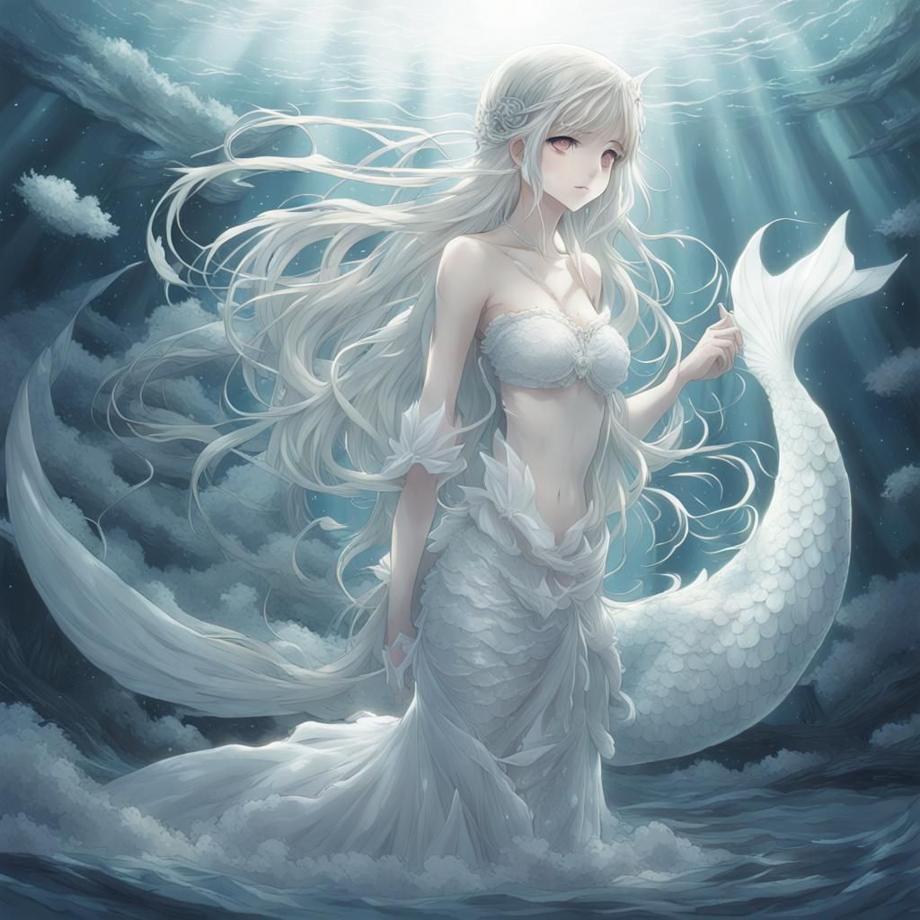 Ethereal White Siren Mermaid in Anime Style