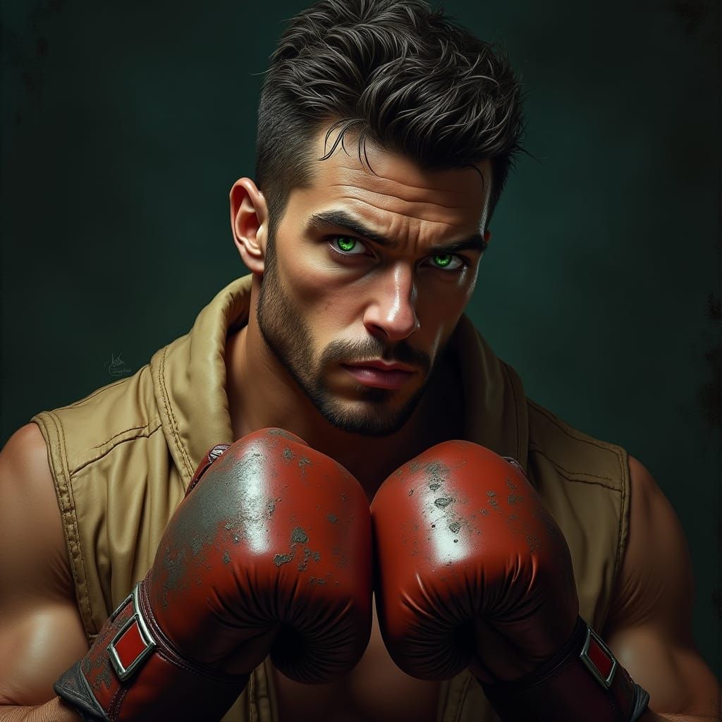 Rugged Boxer with Emerald Eyes in High-Contrast Lighting
