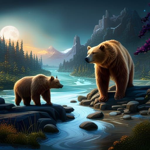 Detailed Matte Painting of Bears in Fantasy Landscape