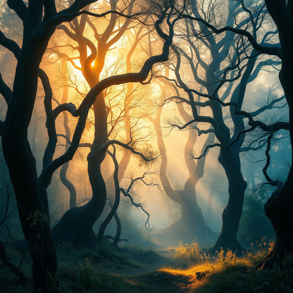 Mystical Forest at Dawn in Watercolor Style