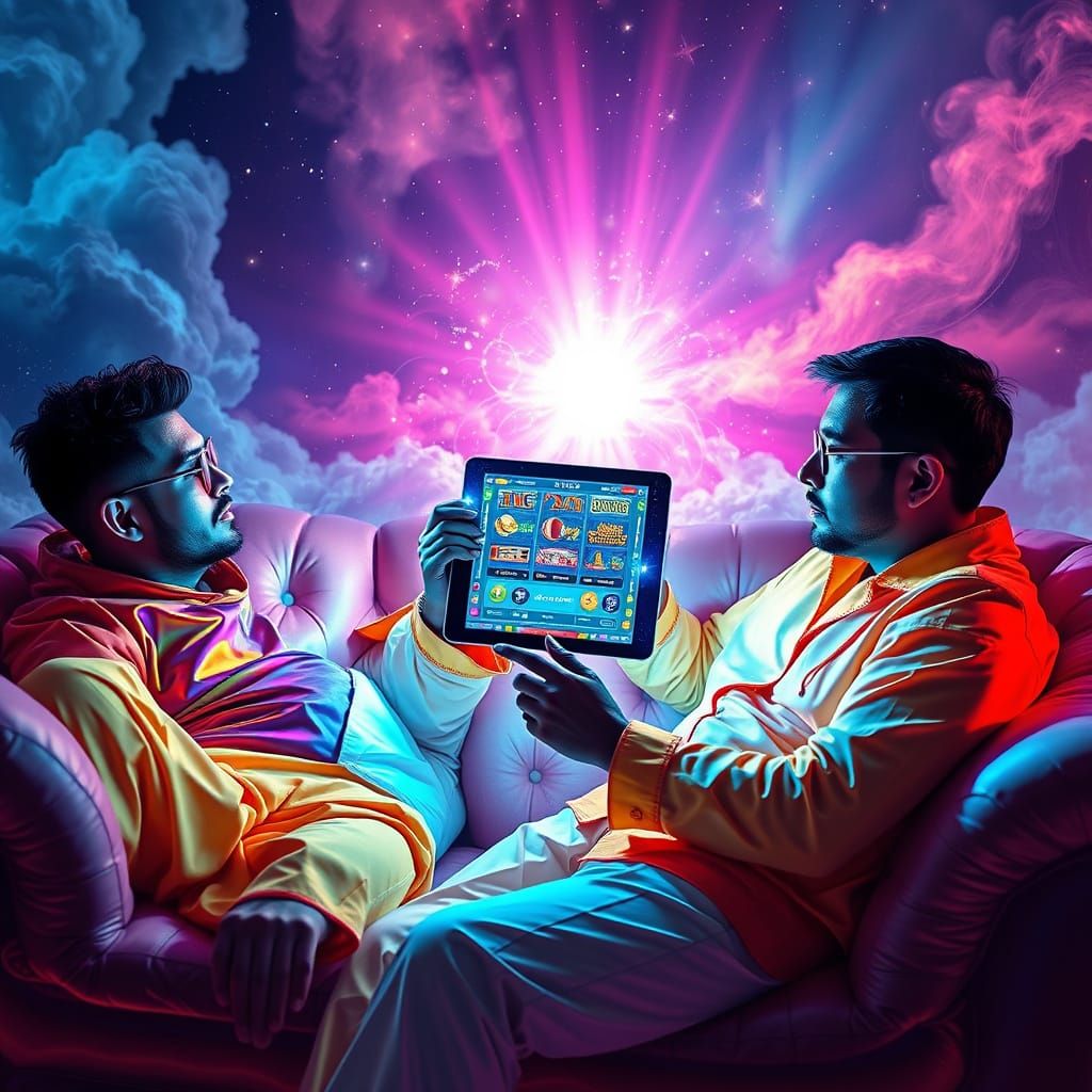 Men in Vibrant Attire Gaze at Holographic Casino Game in Cos...