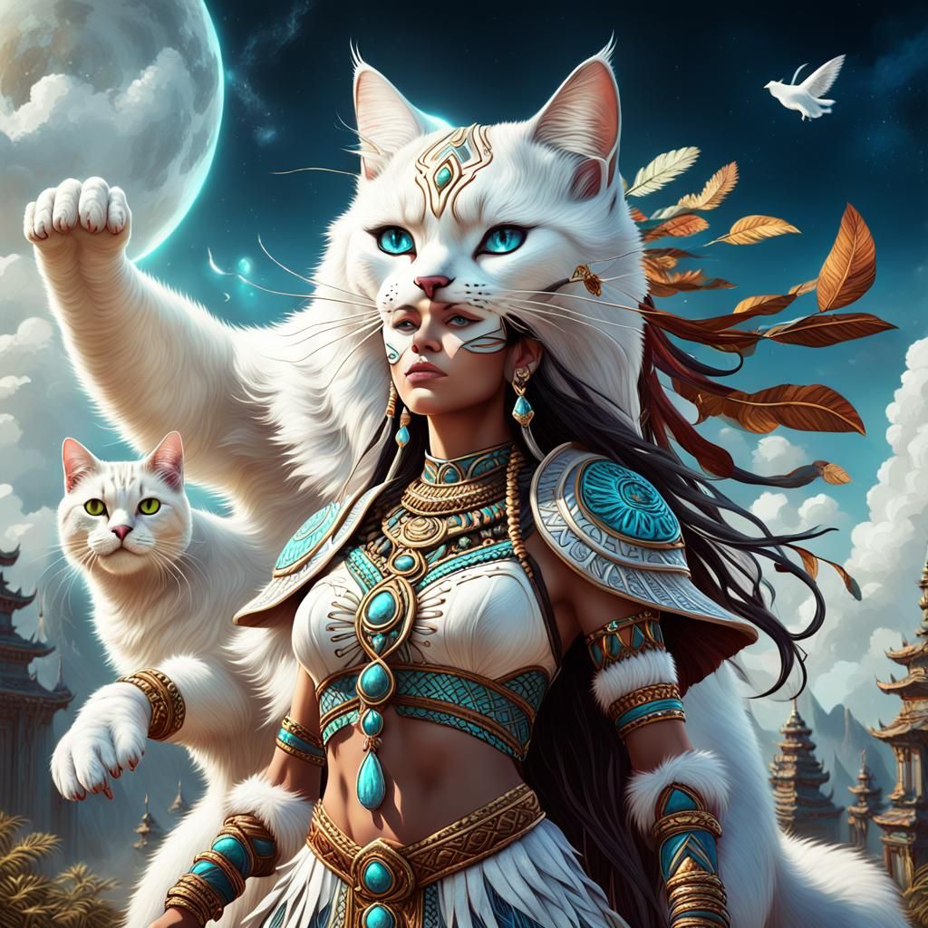 Shaman Woman and Cat Ascending, Fantasy Art