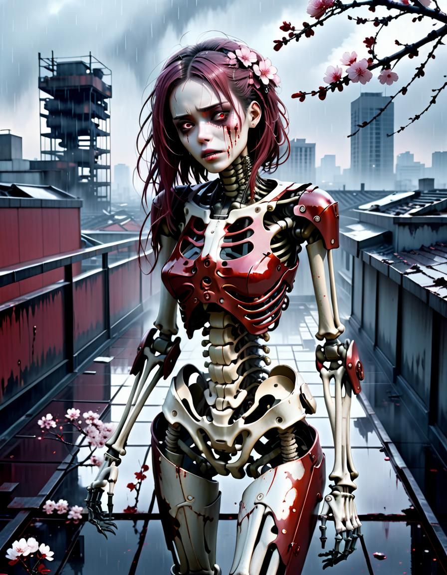 Cyborg Girl in Ruined City, Analog Film Style