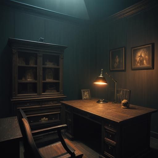 Eerie Office Desk Beckons in Dark Fantasy Style