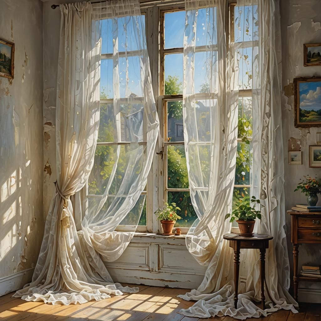 A white thin tulle curtain gently flutters in a worn old win...