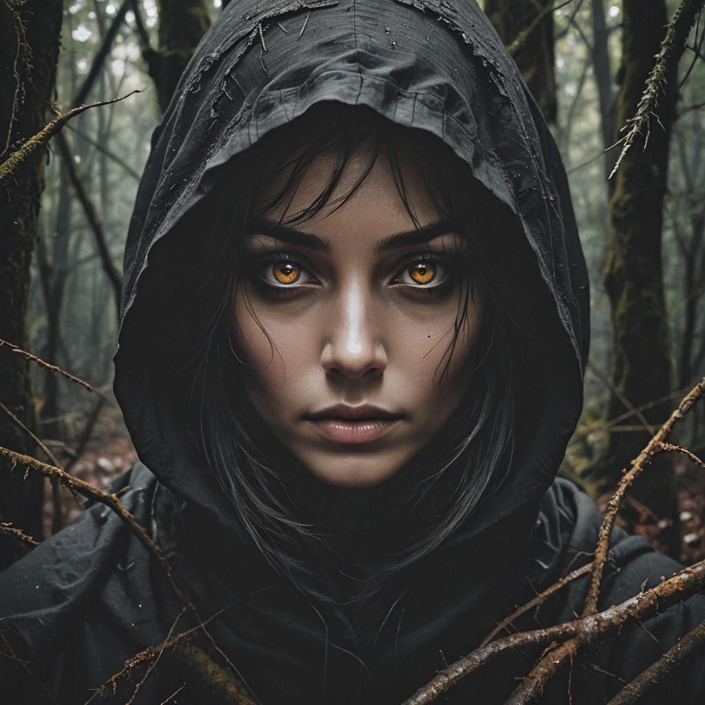 Eerie Amber Eyes in Dark Hood