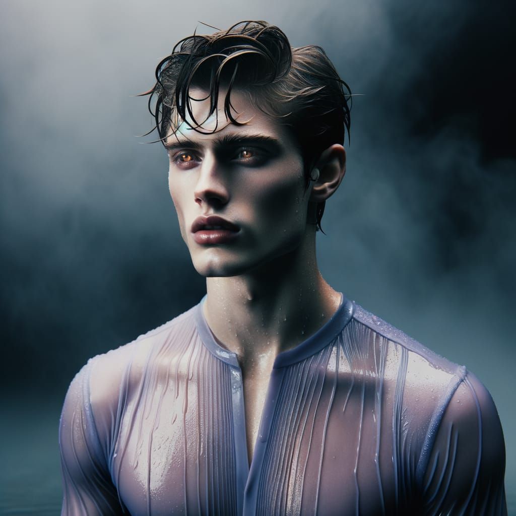 Ethereal Young Man with Amber Eyes in Mist