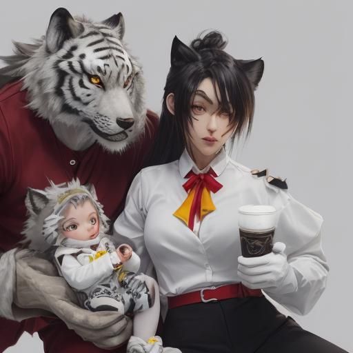 Anthropomorphic Wolf Holding Clouded Leopard Cub as 3D Digit...