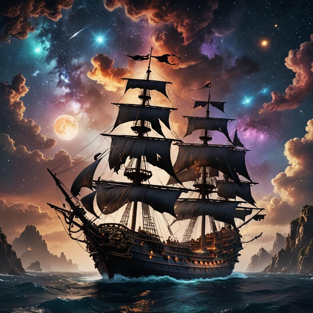 Pirate Ship Soaring Through Galaxy Night Sky