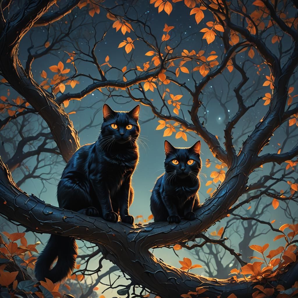 Magical Two-Tailed Black Cat in Mystical Forest