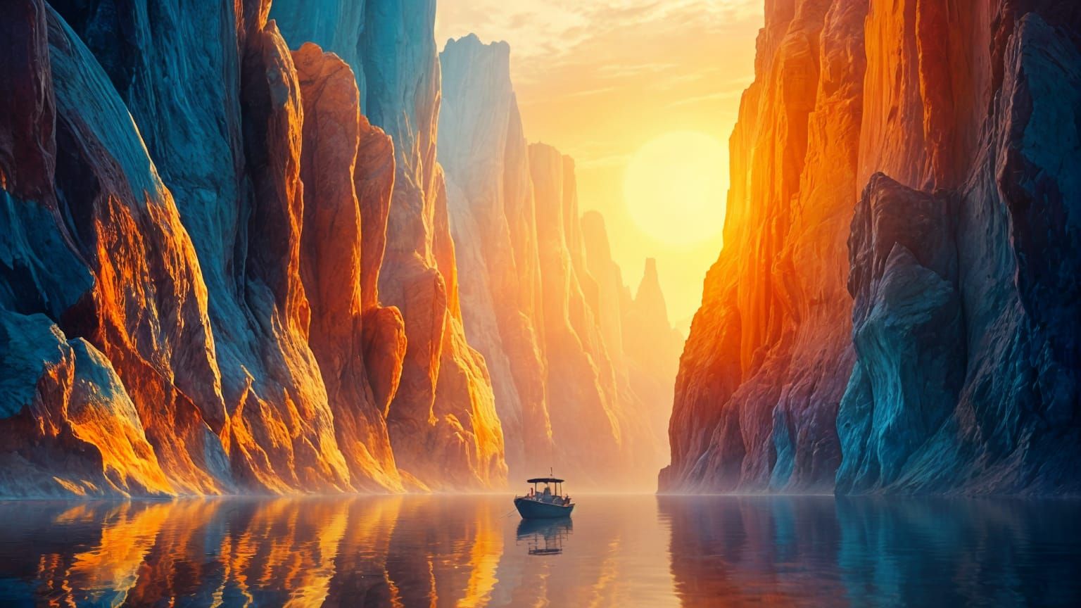A lone small boat sailing through a colossal canyon.