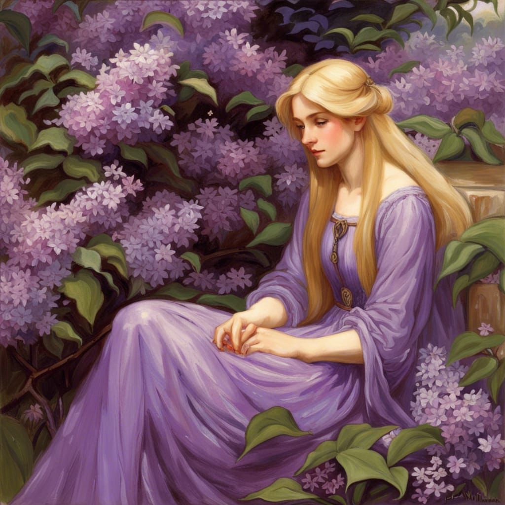 Woman in Lilacs: Fairytale Art in Pre-Raphaelite Style
