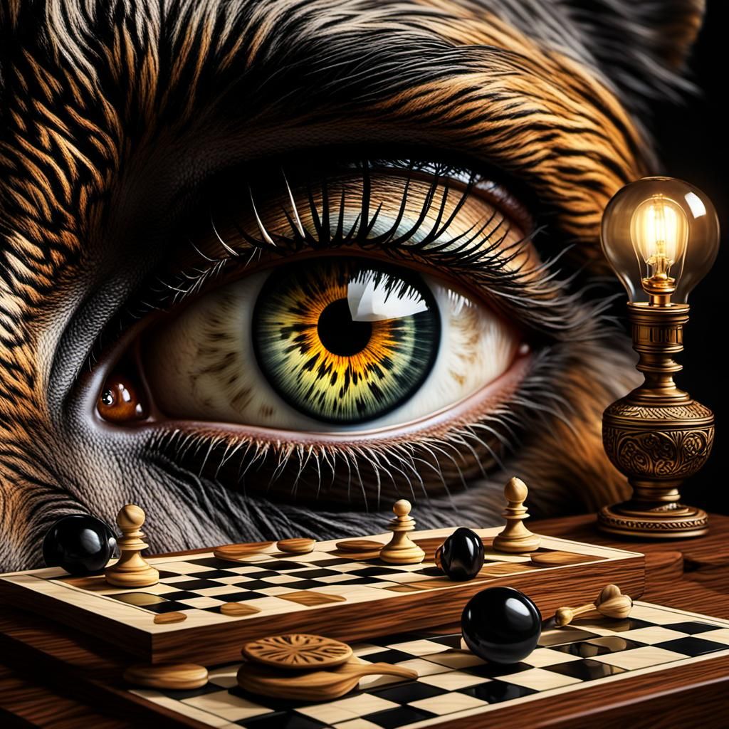 Hyperrealistic Eye Reflecting Vintage Chess Scene