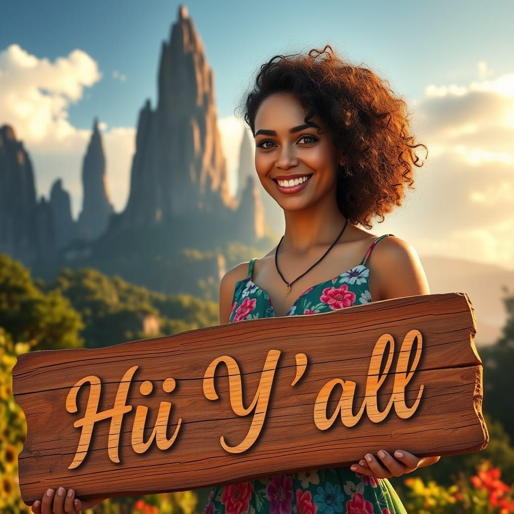 Whimsical Woman in Enchanted Landscape