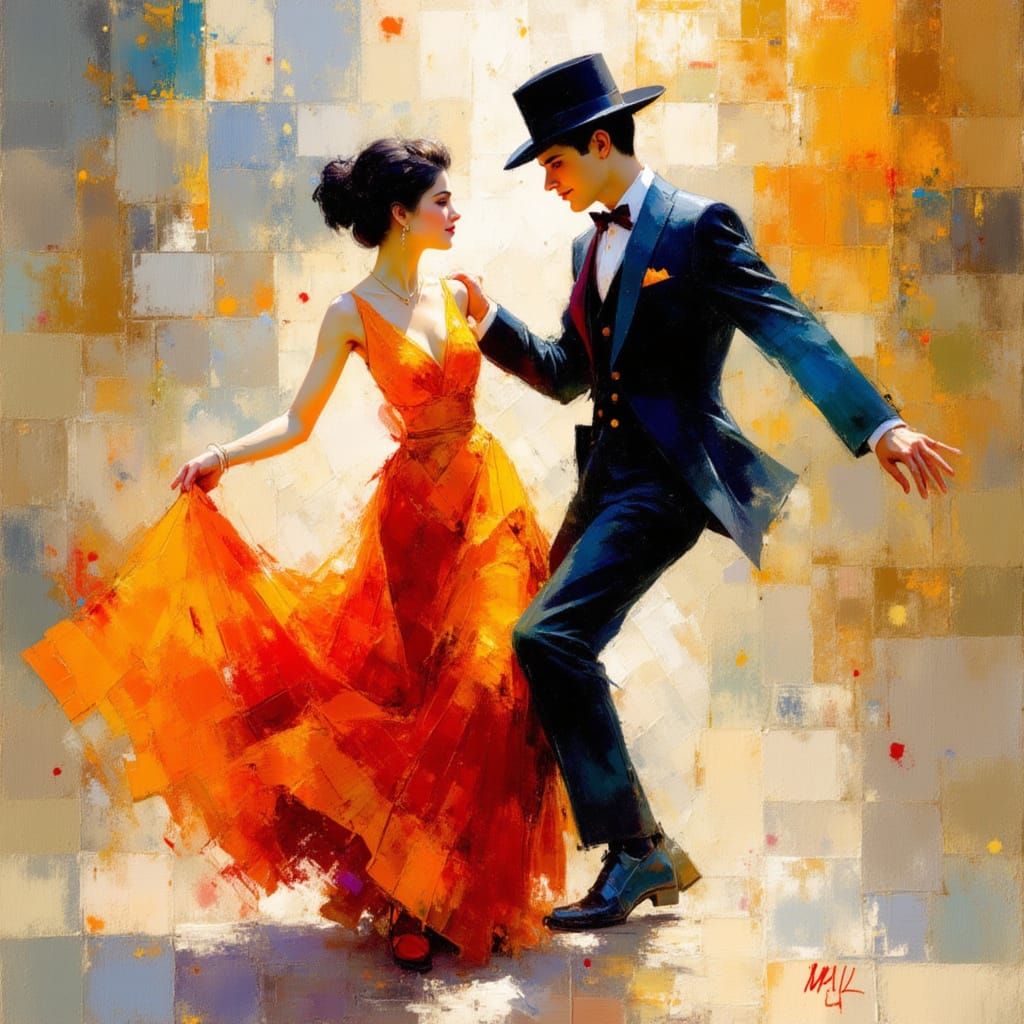 Elegant Couple Dancing in Pointillism Style