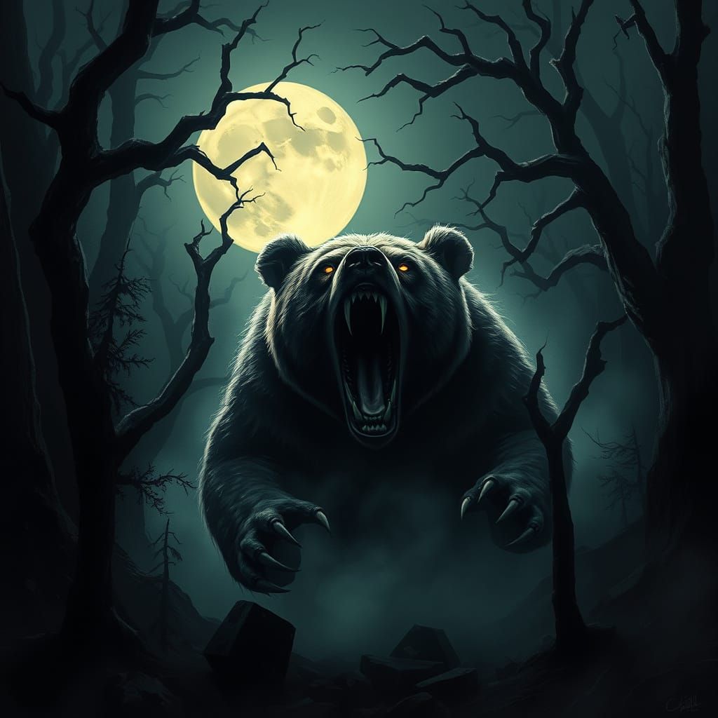 Fearsome Grizzly Bear in Dark, Misty Forest, Ready to Pounce