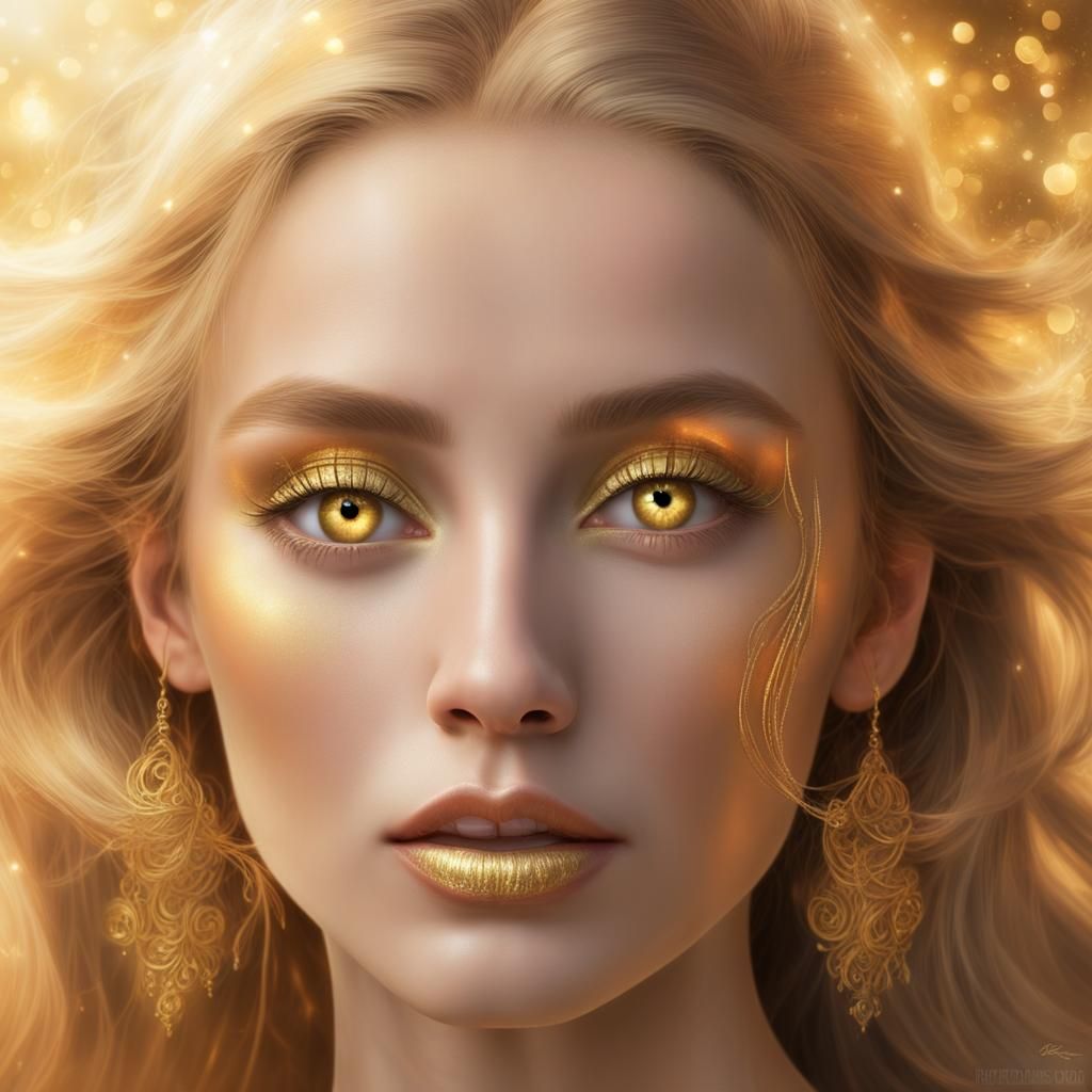 Ethereal beauty with long gold hair and gold eyes with golden eyeshadow with golden eyeliner and gold lipstick and shimm...