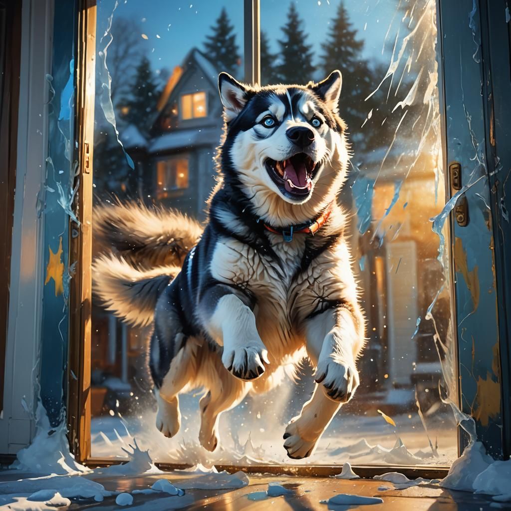 Husky Barking on Glass Door, Oil Painting