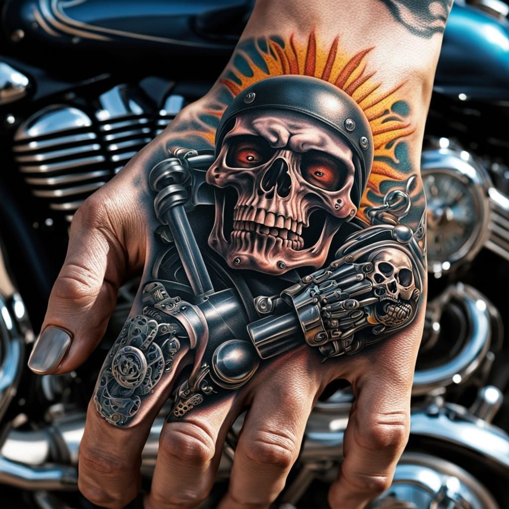 Hyperrealistic Biker Tattoo Art Close-Up