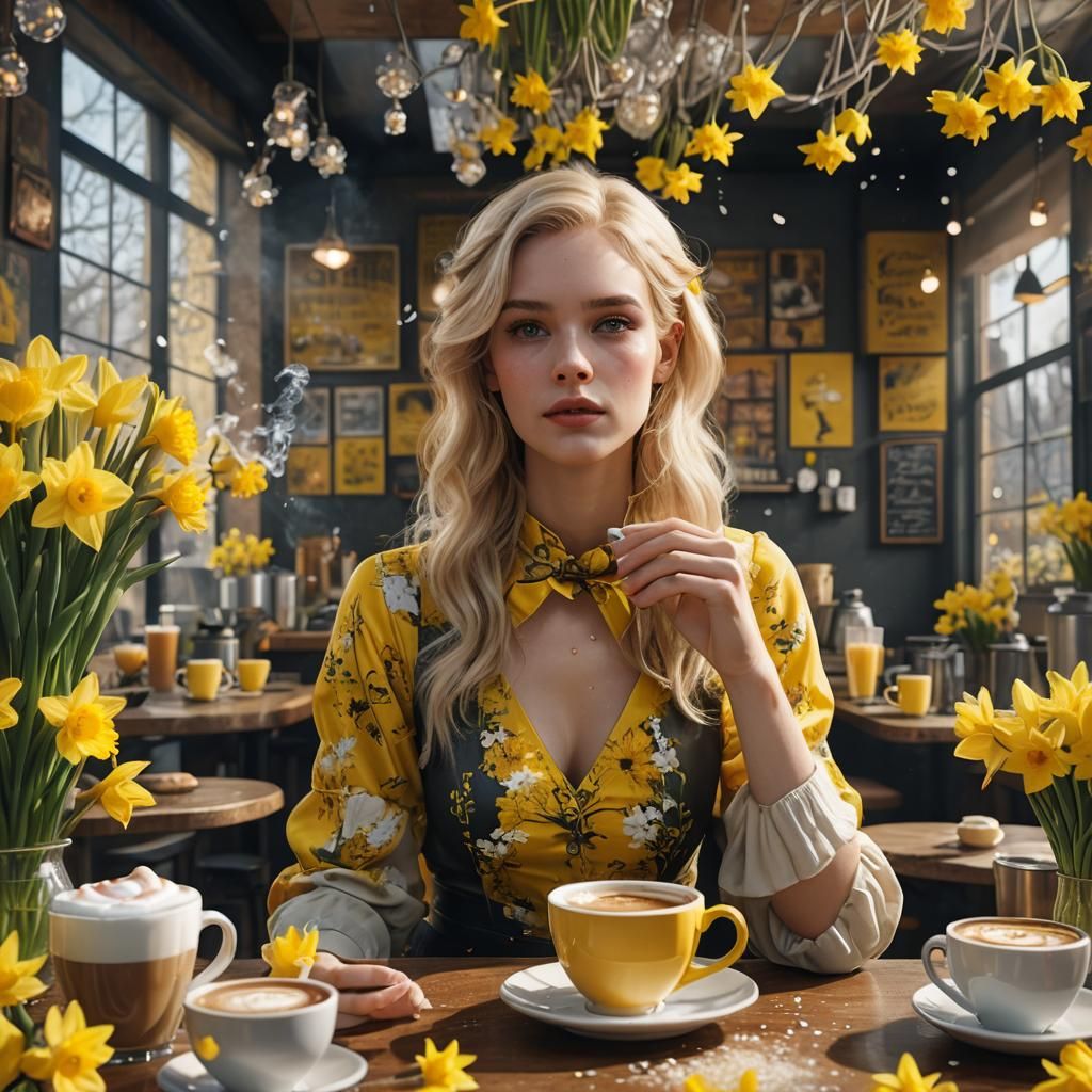 Blonde in Coffee Shop with Daffodils: Fantasy Art