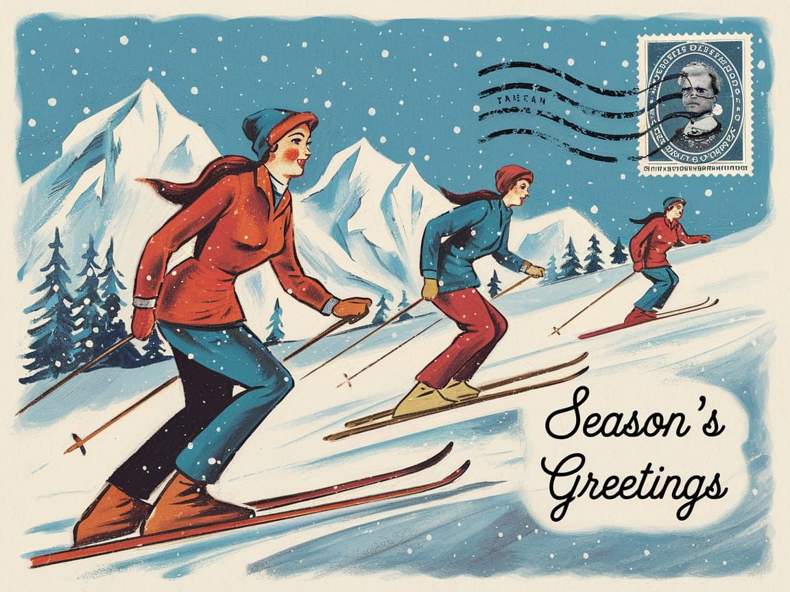 Vintage Alps Skiers Holiday Postcard Illustration