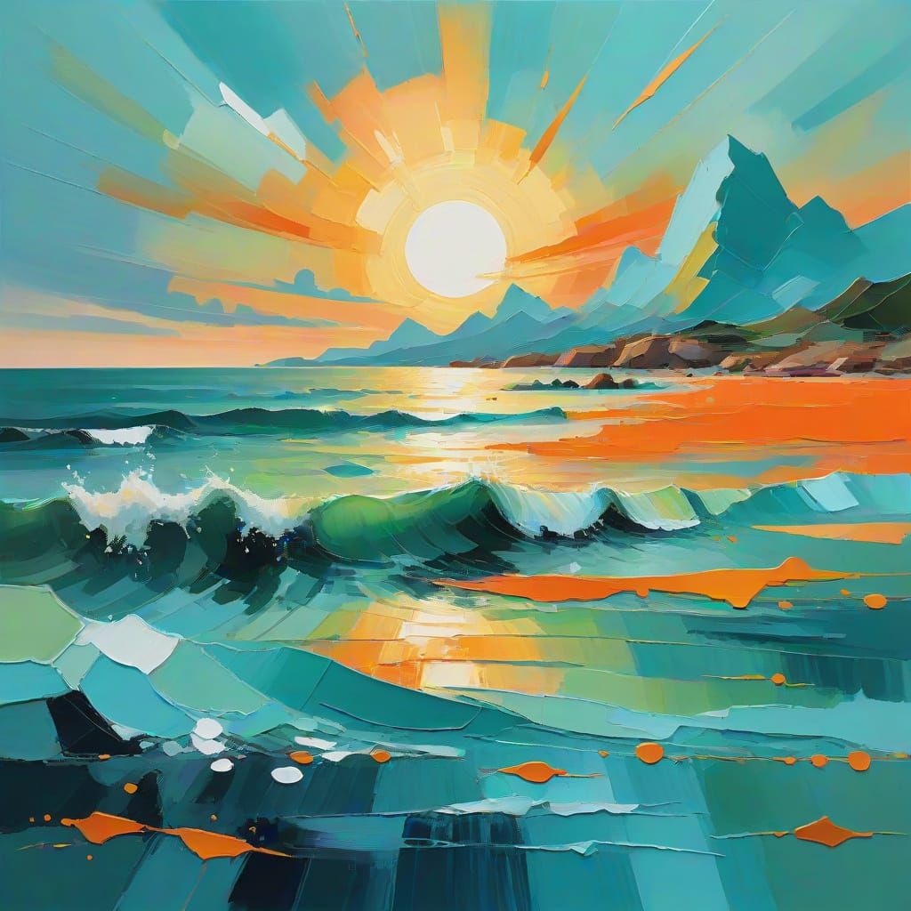 Harmonious Gouache Seascape with Abstract Shapes