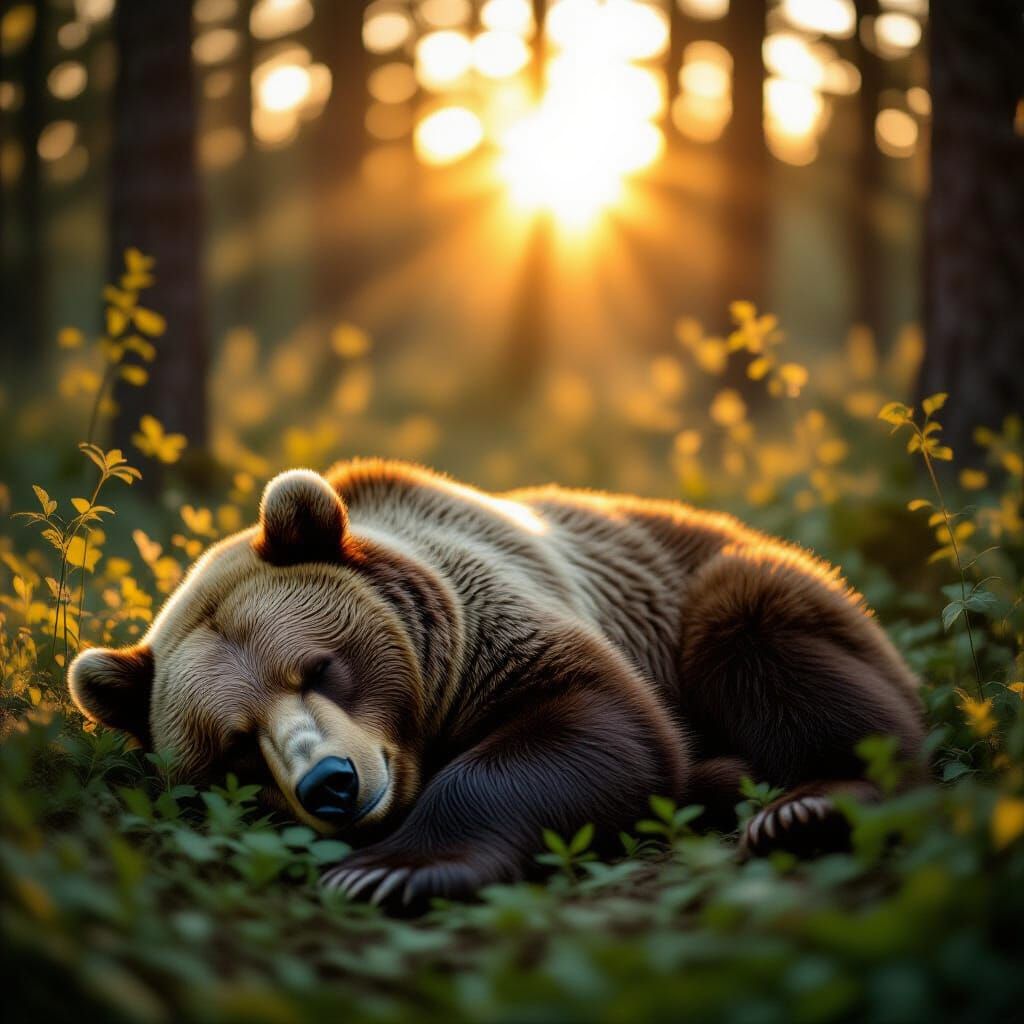 Bear Sleeping in Morning Sun: Cinematic Film Still