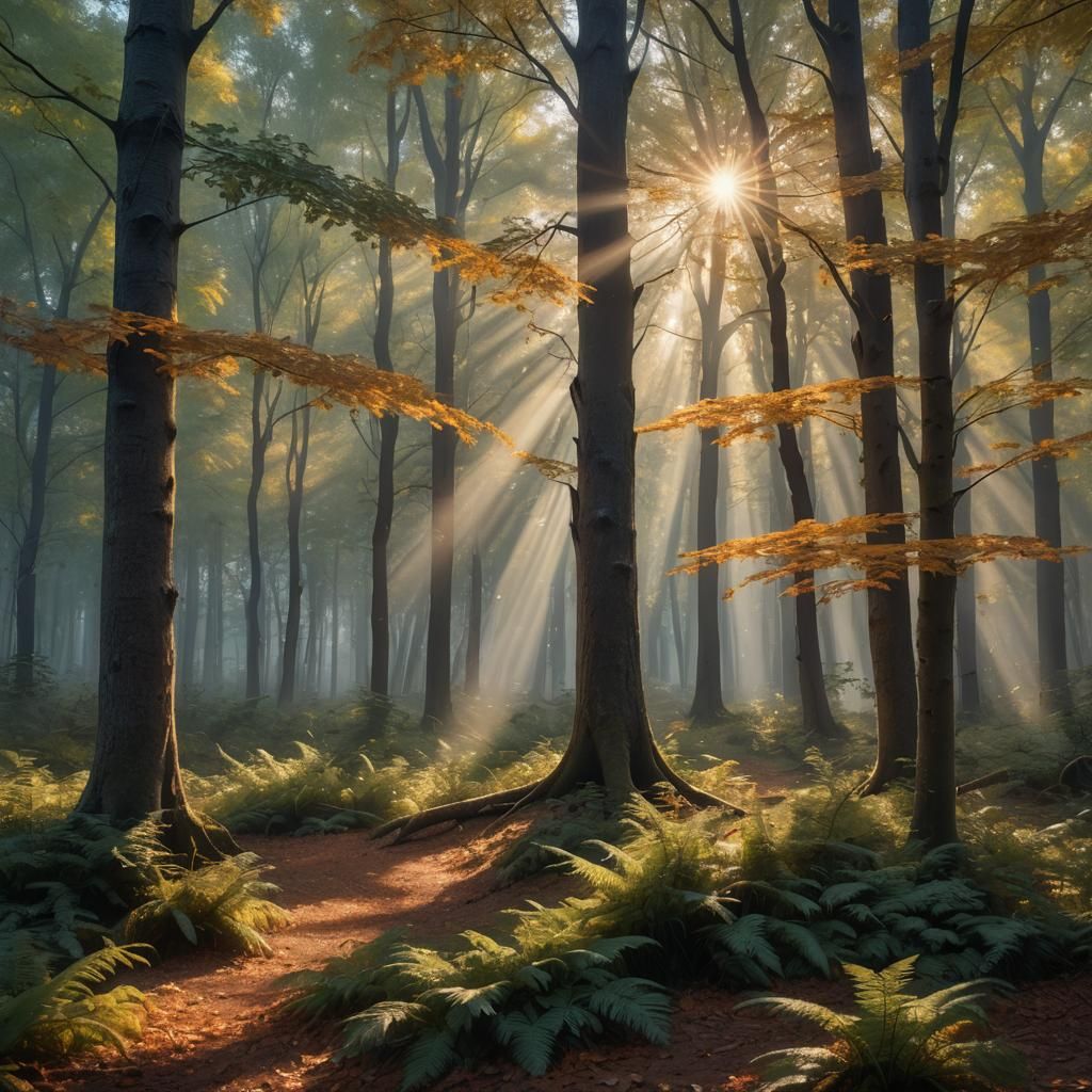 Dramatic Light Illuminates Colorful Forest: Photorealistic D...