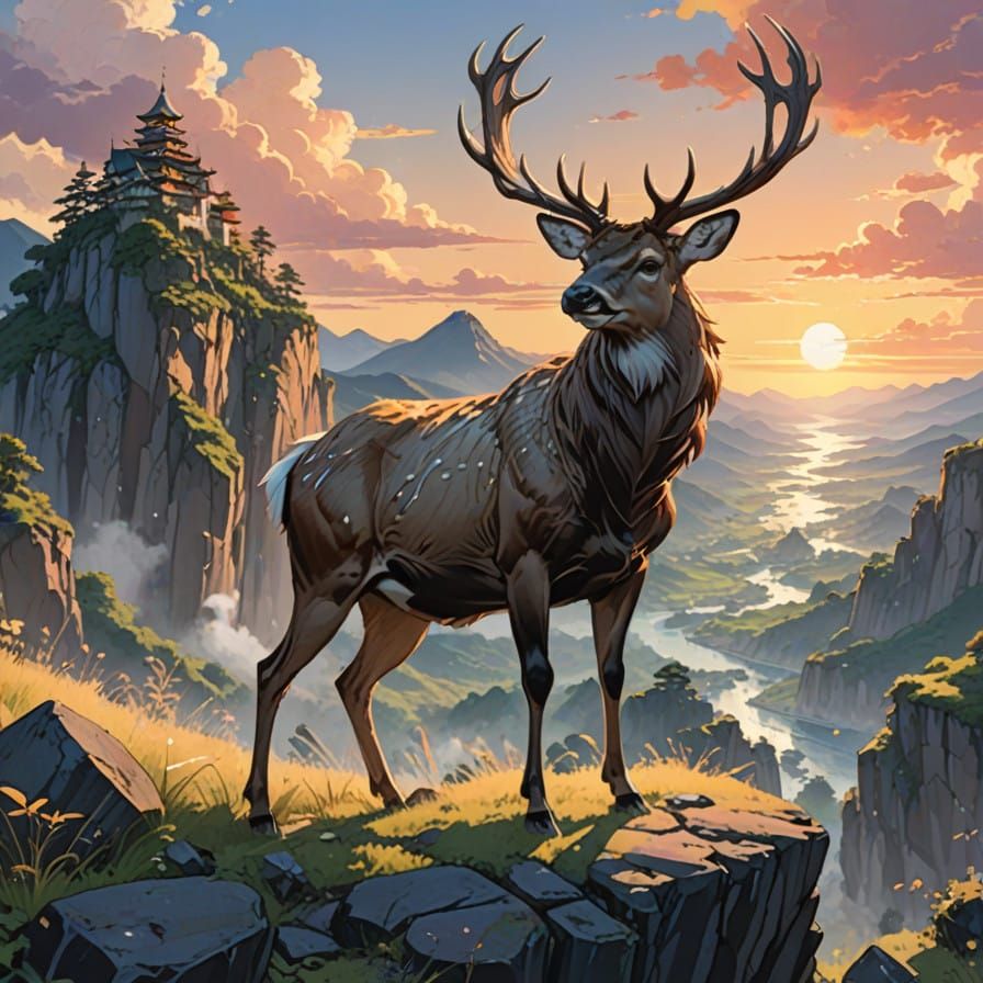 Anime-Inspired Stag Silhouette at Dawn