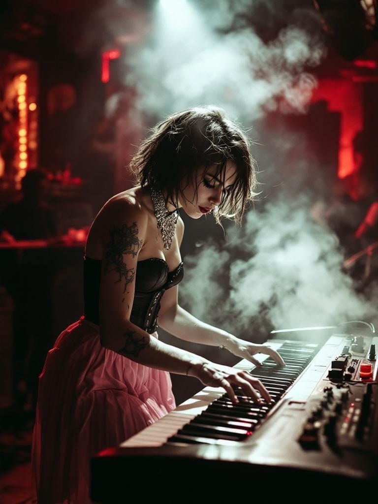 Punk Rock Keyboardist in Smoky Pub, Gritty Candid Photo