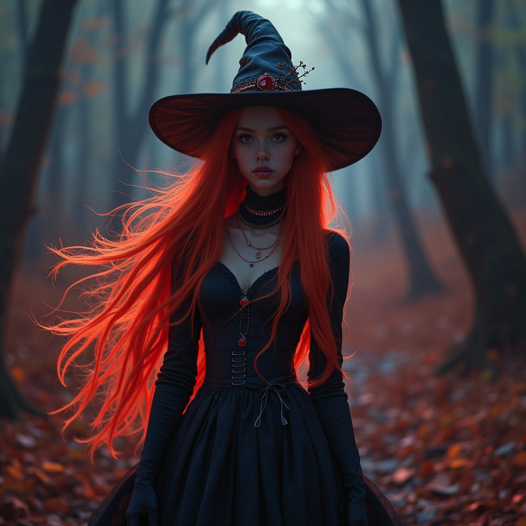 Teenage Witch with Flowing Red Hair in Cinematic Style