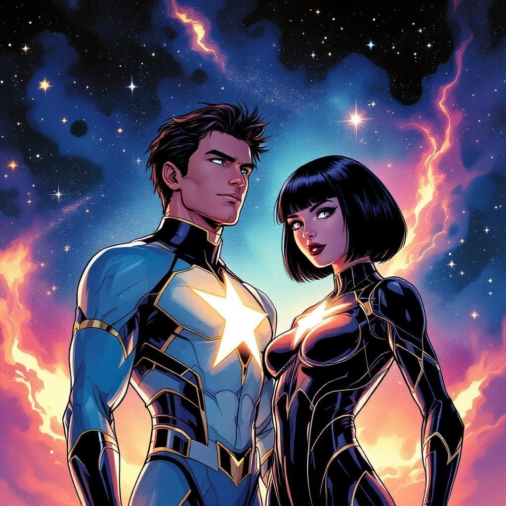 Cosmic Heroes Nova Prime and Stellaluna in Comic Book Style