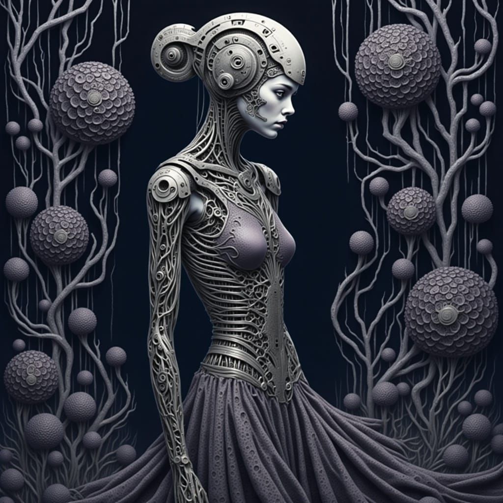 Cyborg Woman with Centipede Tattoos in Giger Style