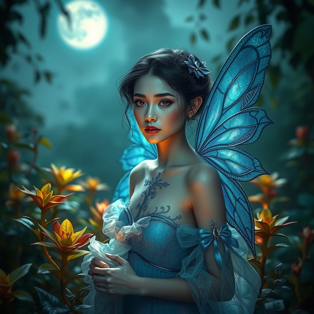 Ethereal Blue Fairy in Mystical Landscape