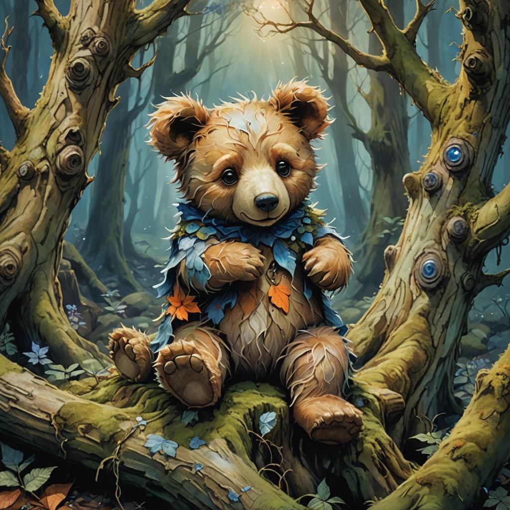 Whimsical One-Eyed Teddy Bear on Mossy Stump