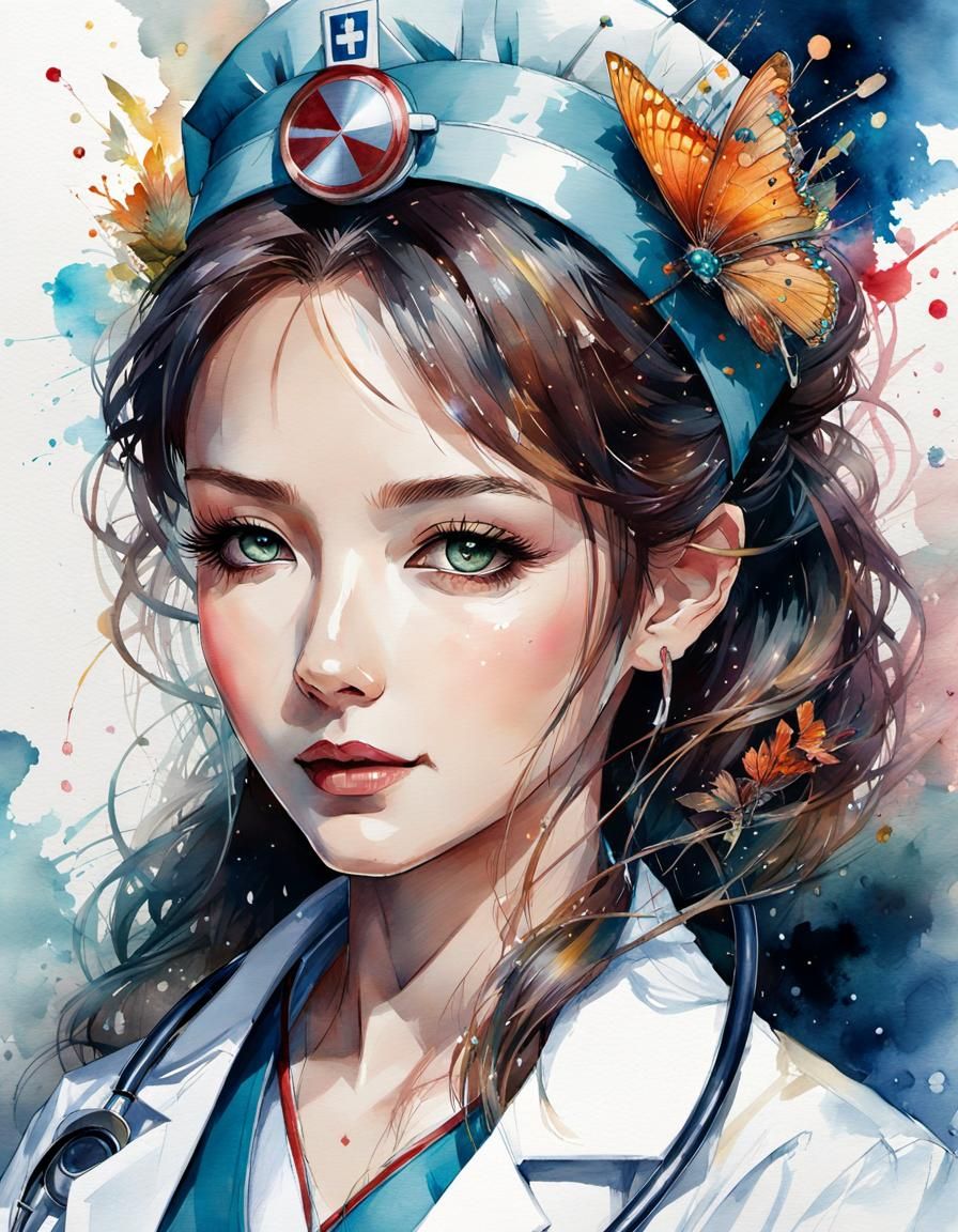 Detailed Watercolor Manga Portrait of a Doctor Queen