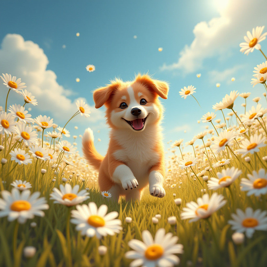 Dog's Joyful Dance in a Whimsical Daisy Field