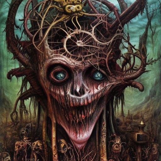 Dark Horror Demon in Twisted Forest, Art Nouveau Style