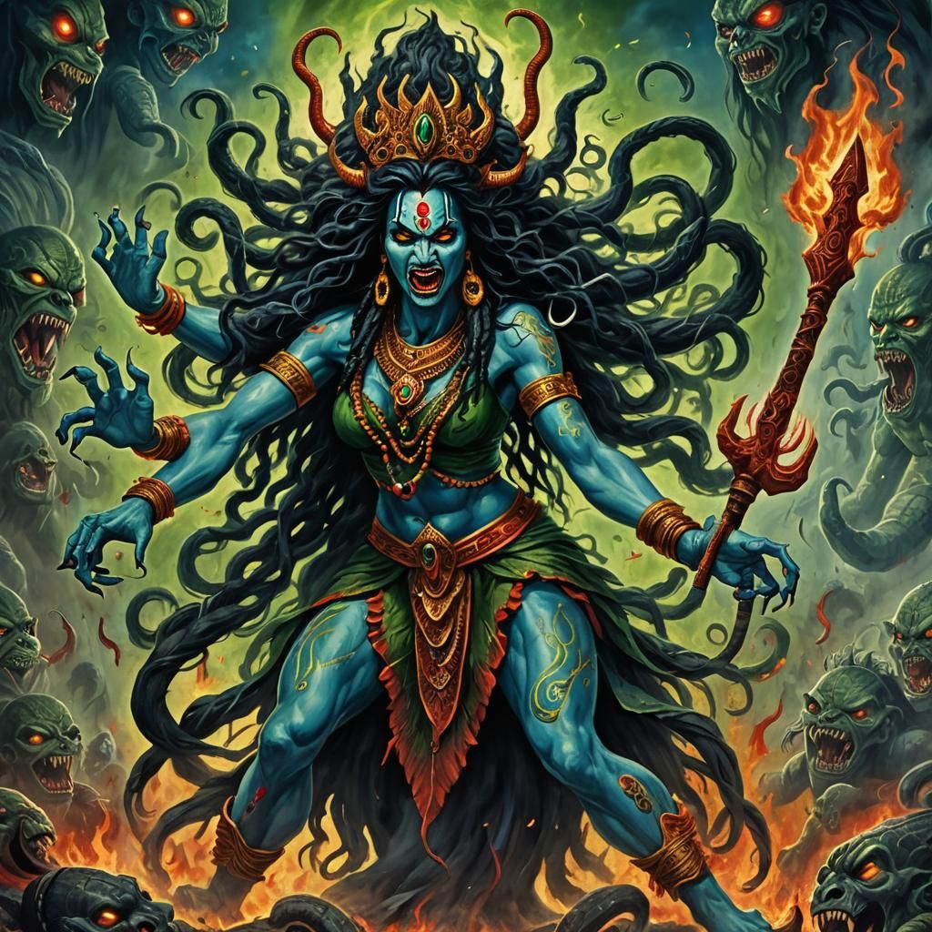 Fearsome Kali Goddess of Destruction in Cosmic Dance
