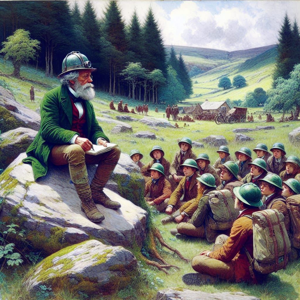 Geologist Teaching Students in Pastoral Scene