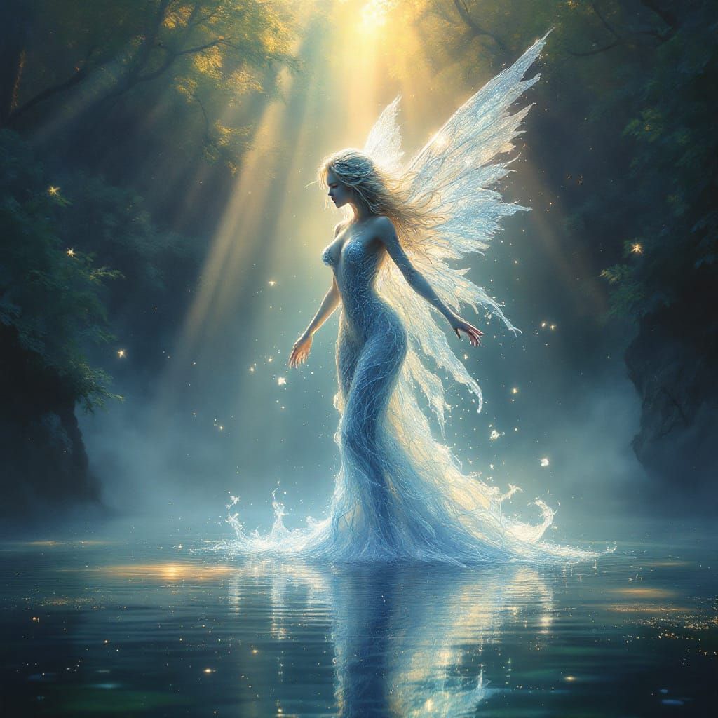 Ethereal Water Fairy Emerging from Misty Lake
